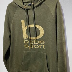 Bebe Sport Women's Green Gold Graphic Logo Pullover Hoodie Size Medium